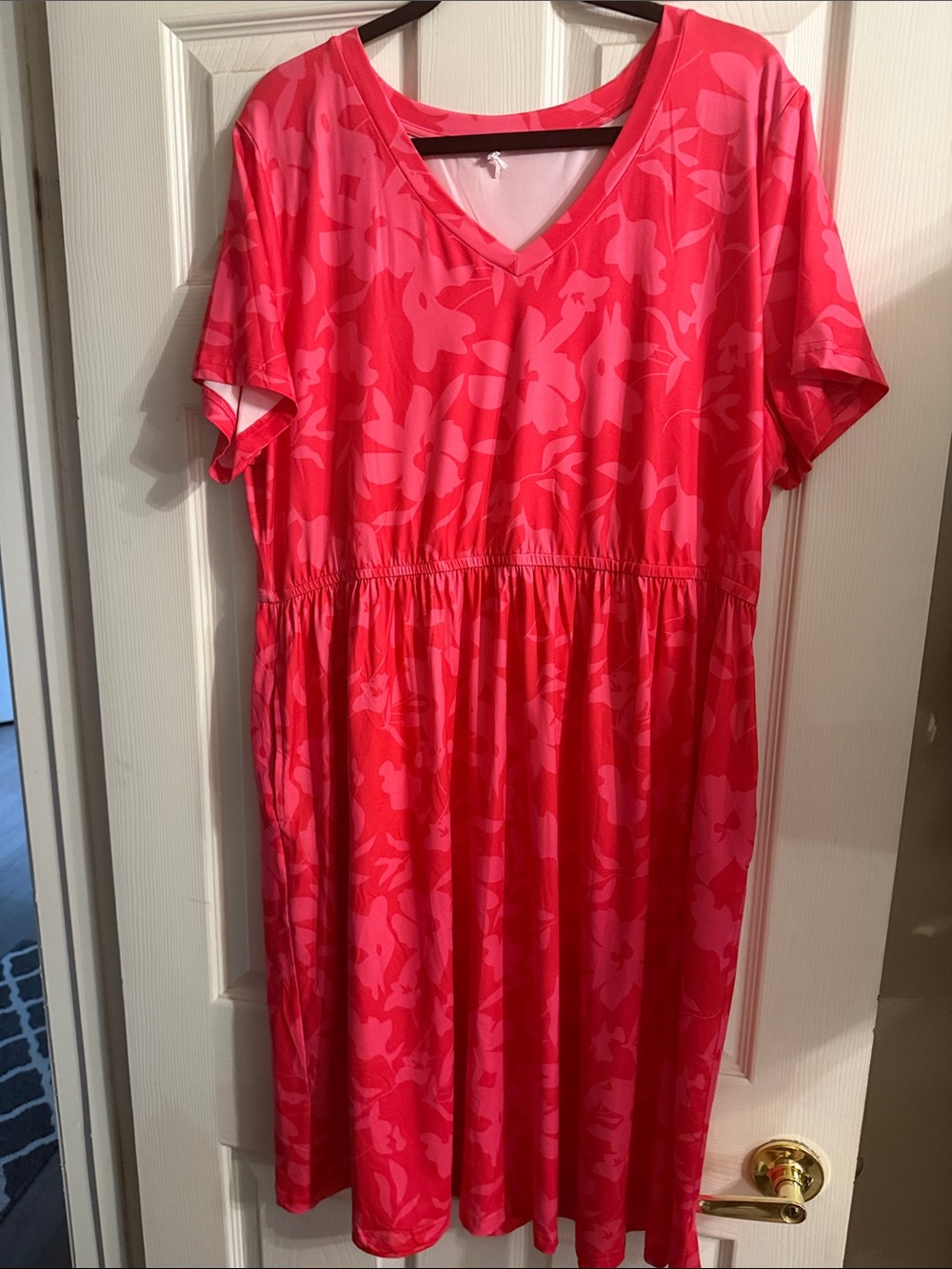 Women -Sleeve Pink Floral V-Neck Dress